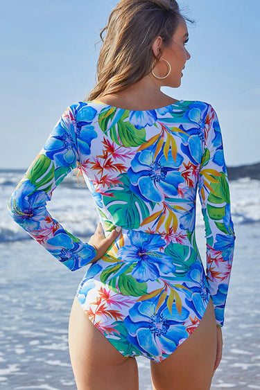 Floral Print Ring Linked Cut-Out One-Piece Rash Guard – UPF 50+ Protection